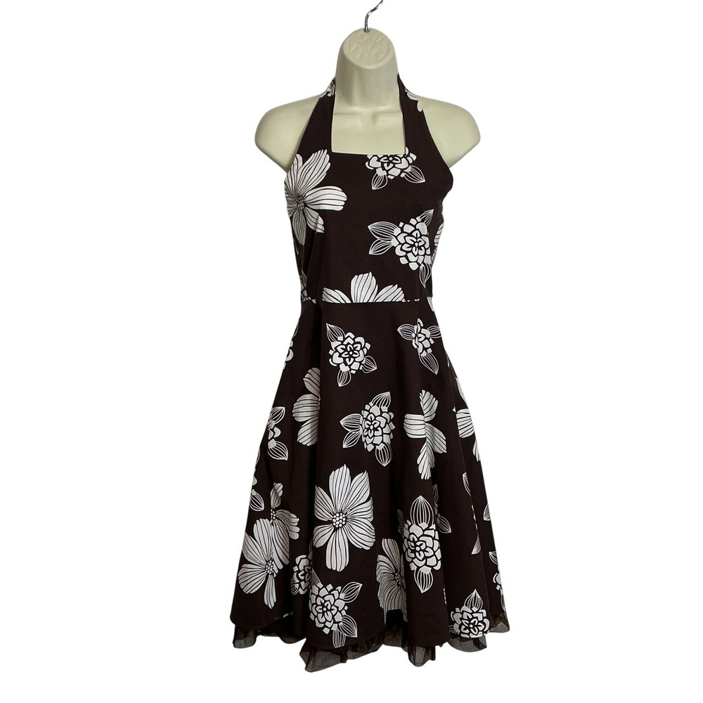 Rare Editions Size 16 Floral Halter Dress Rockabilly Tulle Hem Coquette Retro